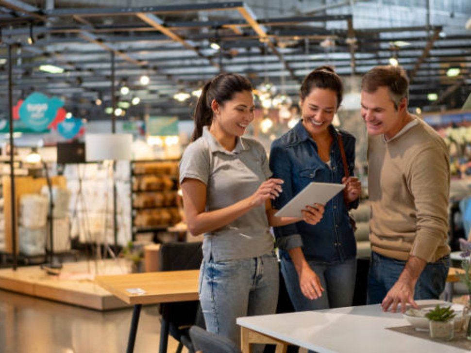 Cheerful sales woman showing a design on tablet to mid adult couple looking for furniture at a home store - Home renovation concepts