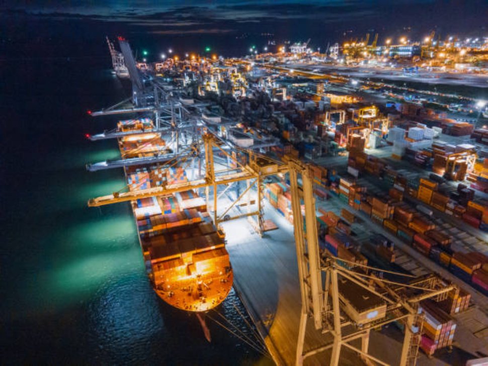 Blue ocean sea working crane, Trade Port, Shipping cargo to harbor, Aerial view from drone, International transportation, Business logistics concept